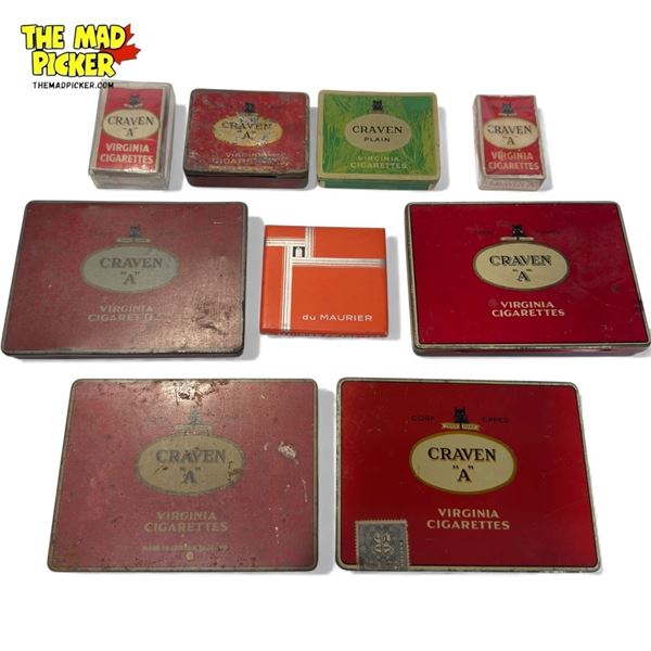 8x Vintage Craven "A" Cigarette Packagings: Flat Tins & Paper Packs