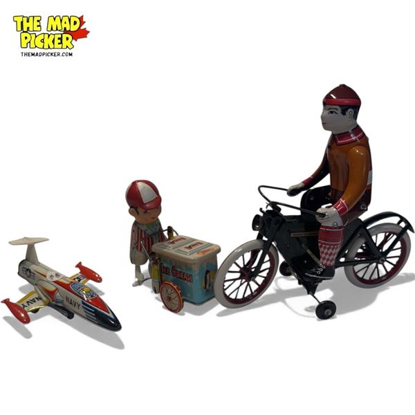 3x Tin Toys: Ice Cream Man, Bike Rider, & Navy Airplane