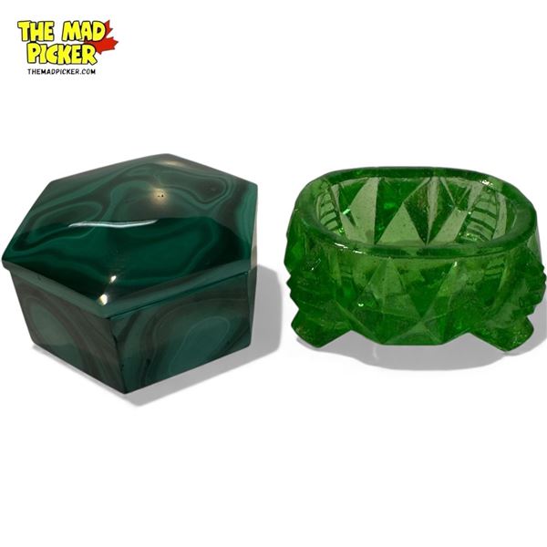 2x Vintage Containers : Lidded Malachite & Cut Bubble Green Glass