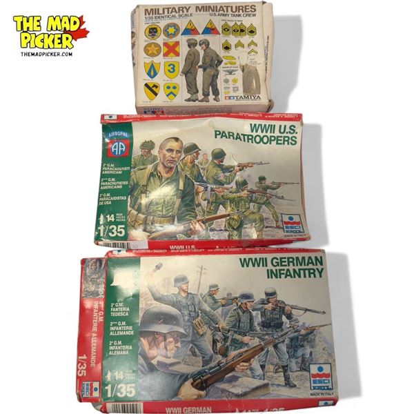 3x Vintage Military Miniature 1/35 Scale Toys: Tamiya, Airborne, & ERTL