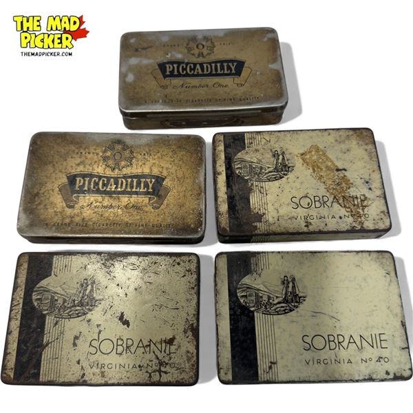 5x Vintage Cigarette Tins: Piccadilly & Sobraine