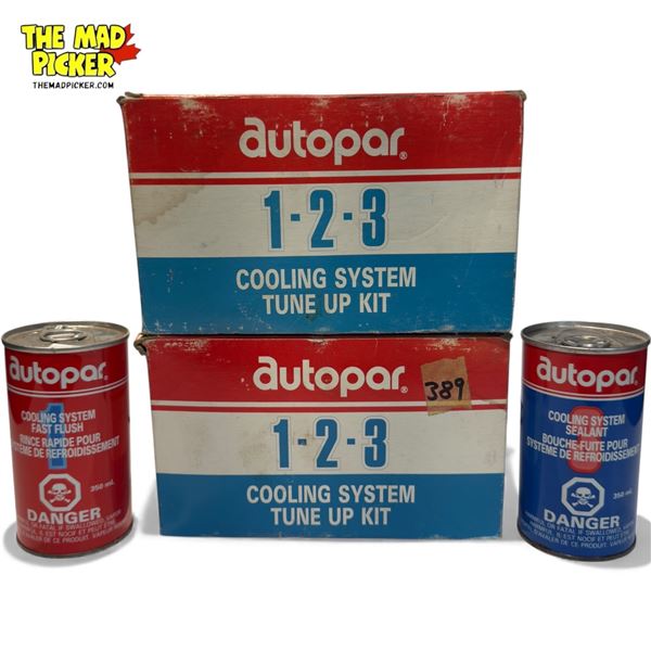 4x Vintage Autopar Collectibles: Cooling System Tune Up Kit, Fast Flush Tin, & Sealant Tin