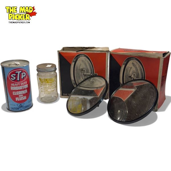 Vintage Variety: STP Rad Cleaner/FLush, Bar's Leaks Jar, & 2x Norlipp Truck Mirror Heads