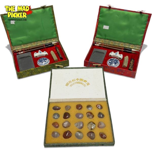 Vintage Collectibles: 2x Asian Calligraphy Sets & Assorted Agates