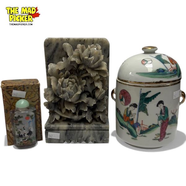 Vintage Asian Collectibles: Reverse Painted Snuff Bottle, Soapstone, Bowl, & Tea Caddy