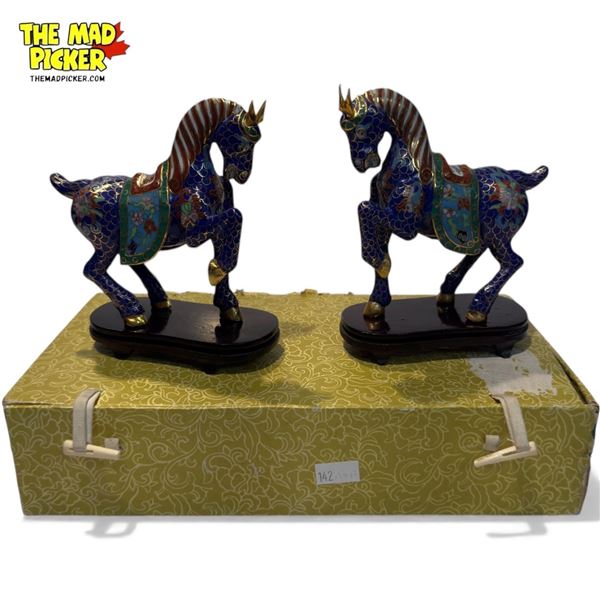 2x Vintage Cloisonne Horse Figurine With Stands