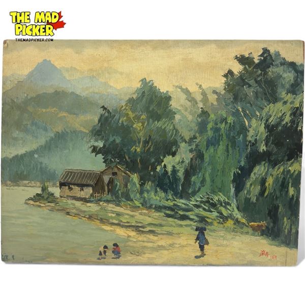 Vintage Artist Signed Original Oil Painting On Board Asian Villagers Scene