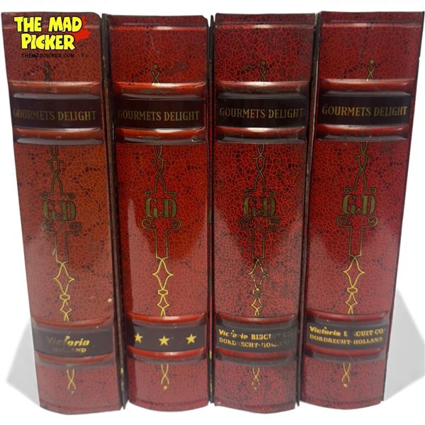4x Vintage Gourmets Delight Book Tin Containers