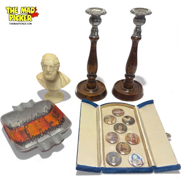 Vintage Variety: West German Mid Century Modern Ashtray, Candle Sticks, Resin Bust, & More