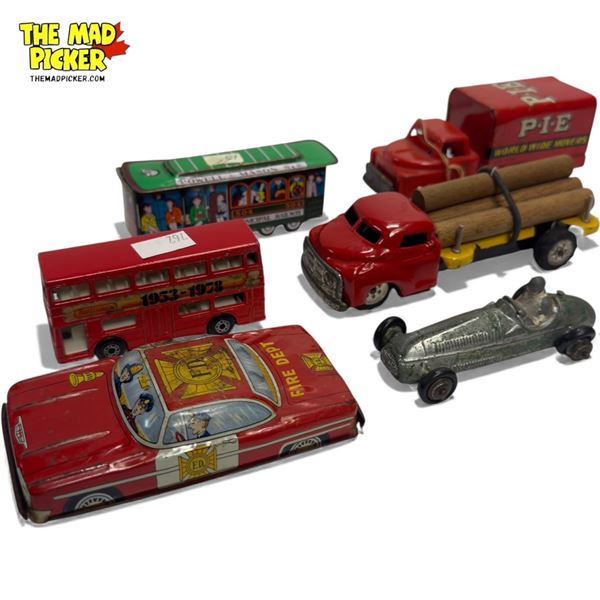 6x Vintage Toys: Dinky Toys, Tin Litho Fire Car/PIE Movers Van, & More