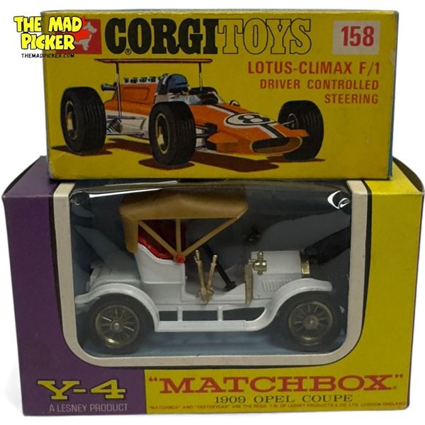 2x Vintage Diecast Cars: Corgi Lotus Climax F/1 & Matchbox 1909 Opel Coupe