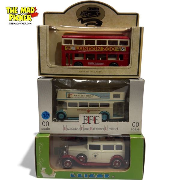 3x Vintage Collectible Diecast Cars: Elicor Rolls Royce 1929 Carlton, Double Deck Bus'