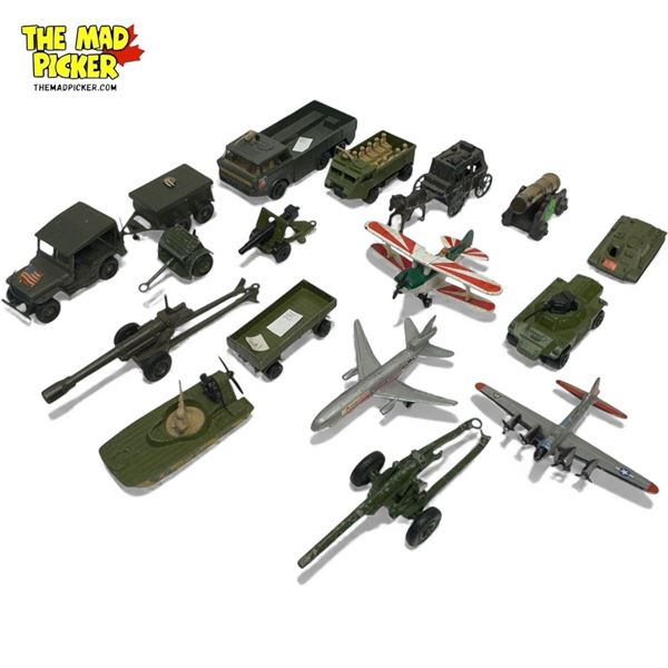 Assorted Vintage Diecast Military Toys: Airplanes, Tanks, Trucks, & More