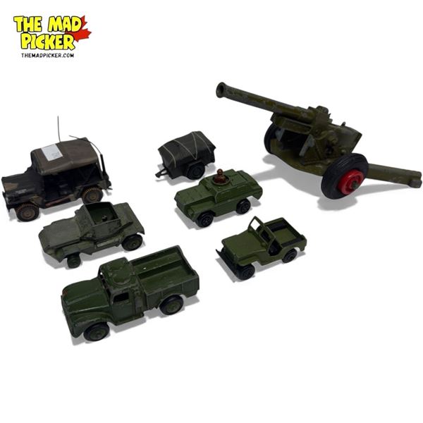 7x Vintage Military Diecast Toys: Corgi, Dinky, Matchbox (Transport Cars, Canon)