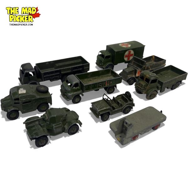 9x Vintage Dinky Diecast Military Toys: Transport Cars, Medical Van, Tank