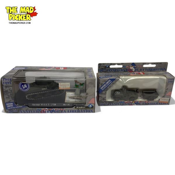 2x Vintage Solido Limited Edition 1944-1994 Die Cast Toys: Sherman M4A3 2eDB Tank & Jeep
