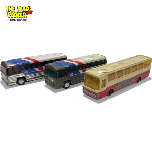 3x Vintage Buses: Majorette Mercedes & 2x Buddy L Greyhound 4950