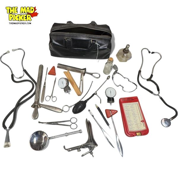Vintage Doctors Bag Filled With Assorted Tools: Stethoscope, Reflex Hammer, Speculum, & More