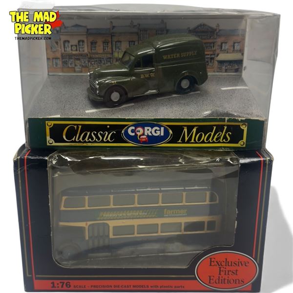 2x Vintage Diecast Model Toys: Corgi Morris 1000 & Gilbow Double Decker Bus