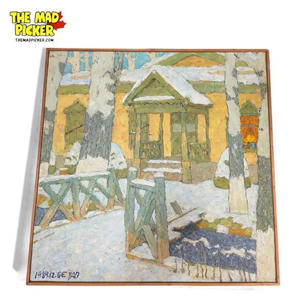1989 GE YAO Signed Original Oil On Canvas Painting - Winter House Scene
