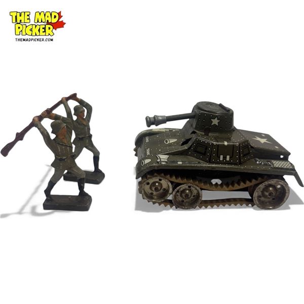 Vintage Gama Tin Litho Military Tank Toy & 2x Soldier Figurines