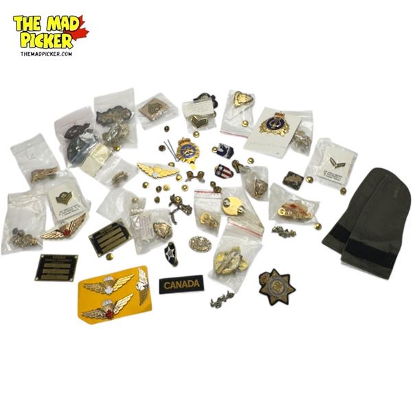 Assorted Canadian Military Patches, Cap Badges, & Pin Backs (1 Sterling Piece)