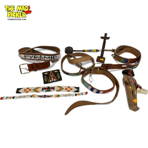 9x First Nations Collectibles: Beaded Belts, Doll, Totel, & Drum Stick