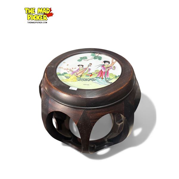 Asian Rosewood Drum Stool With Hand Painted Porcelain Top