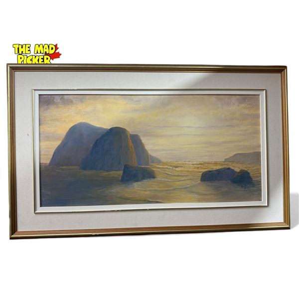 Vintage E. Powell Signed Original Oil Painting On Masonite "Golden Beach Haystack- Oregon"