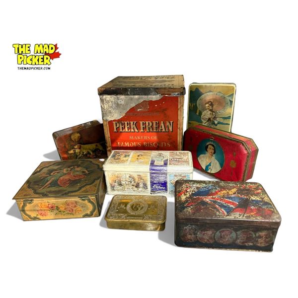 8x Vintage Tins: Peak Frean, Mazawattee, Cadbury, Edward Sharp, & More