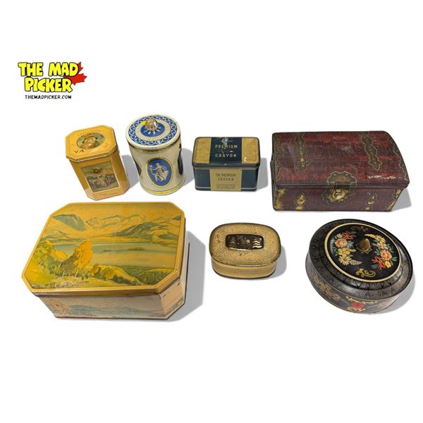 7x Vintage Tins: Patria, Premium Crayon, Huntley / Palmers, & More