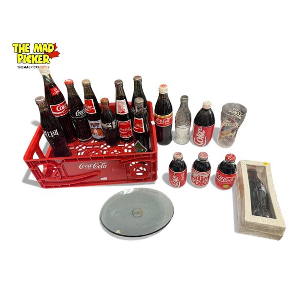 Assorted Vintage Coca-Cola Collectibles: Bottles, Crate, & Plate