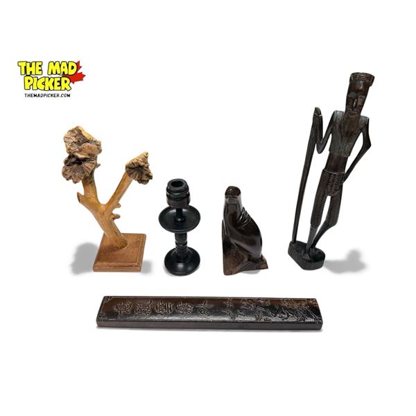 5x Wooden Collectibles: Asian Paper Weight, Candle Stick Holder, Burl Piece, & More