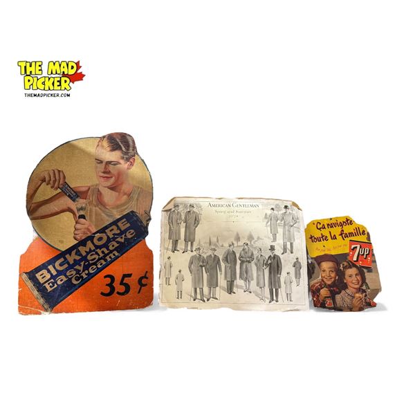 3x Vintage Cardboard Advertisements: Beckmore, 7up, & American Gentlemen