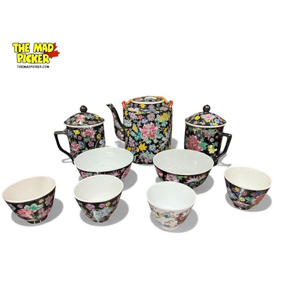 Set Of 8x China Ware + 1 Oddball: Teapot, Lidded Jars, Bowls, Cups