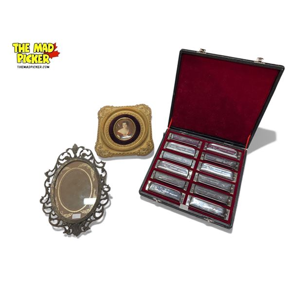 Vintage Variety: Swan Blues Harmonicas & 2x Frames (1 With Portrait)