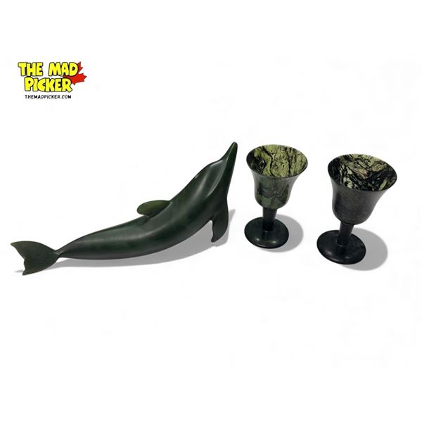 Vintage Variety: Artist Signed Bronze Dolphin & 2x Serpentine Jade Glasses