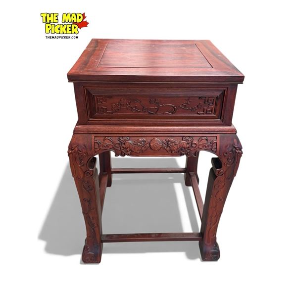 Vintage Chinese Rosewood Side Table With Foo Dog, Floral, & Figural Face Designs