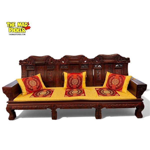 Vintage Chinese 2pc Heavily Detailed Large Rosewood Sofa With Koi Fish, Foo Dogs, Floral, Butterfly 