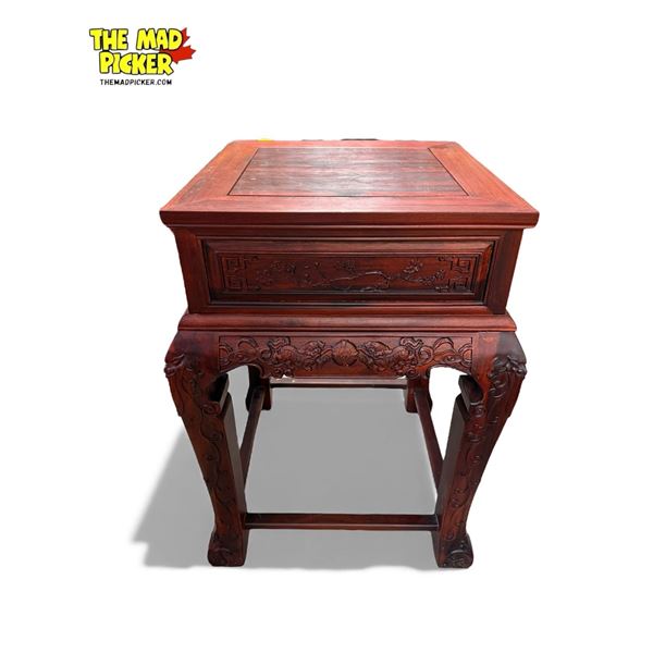 Vintage Chinese Rosewood Side Table With Foo Dog, Floral, & Figural Face Designs