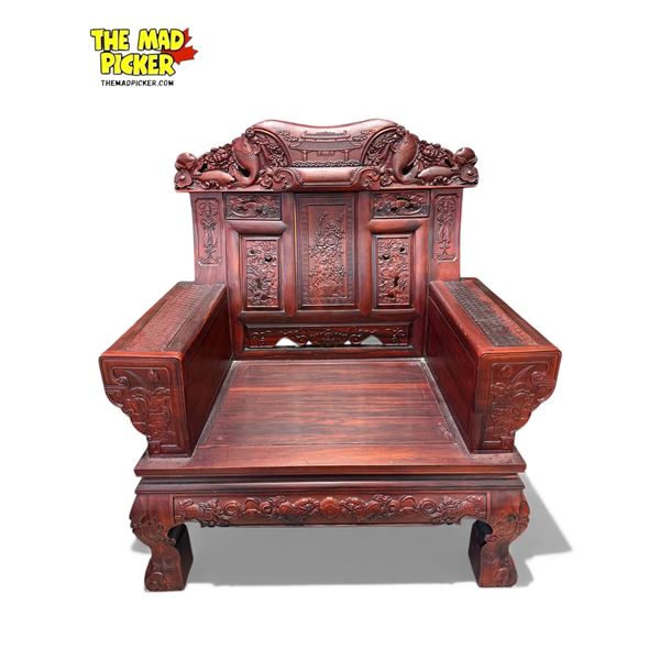 Vintage Chinese Rosewood Heavily Detail Arm Chair With Foo Dogs, Koi Fish, Floral, Butterfly, Detail