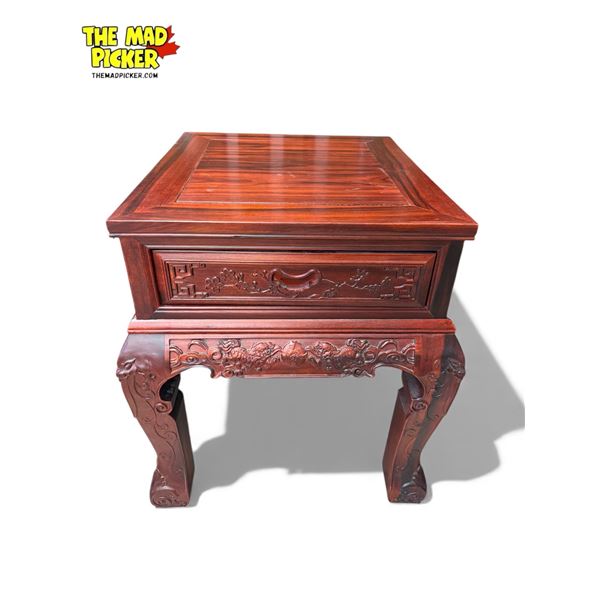 Vintage Chinese Rosewood Single Drawer Side Table With Foo Dogs, Floral, & Figural Faces Design