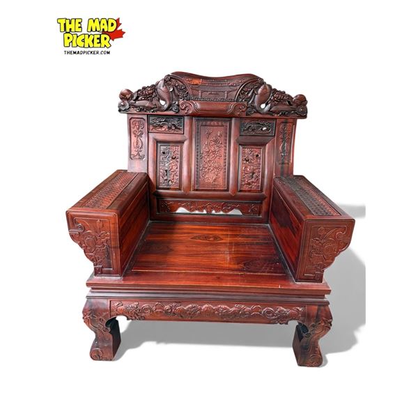 Vintage Chinese Rosewood Heavily Detail Arm Chair With Foo Dogs, Koi Fish, Floral, Butterfly, Detail
