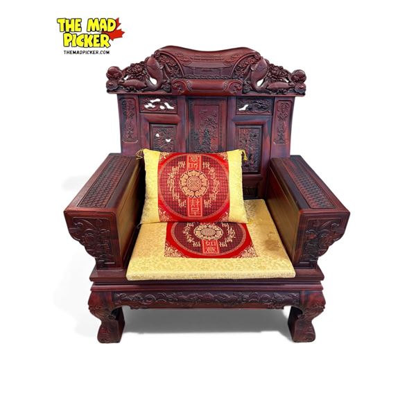 Vintage Chinese Rosewood Heavily Detail Arm Chair With Foo Dogs, Koi Fish, Floral, Butterfly, Detail