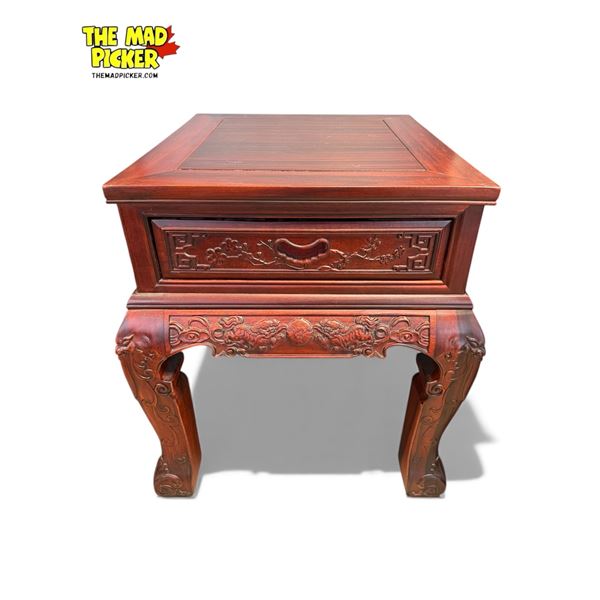 Vintage Chinese Rosewood Single Drawer Side Table With Foo Dogs, Floral, & Figural Faces Design