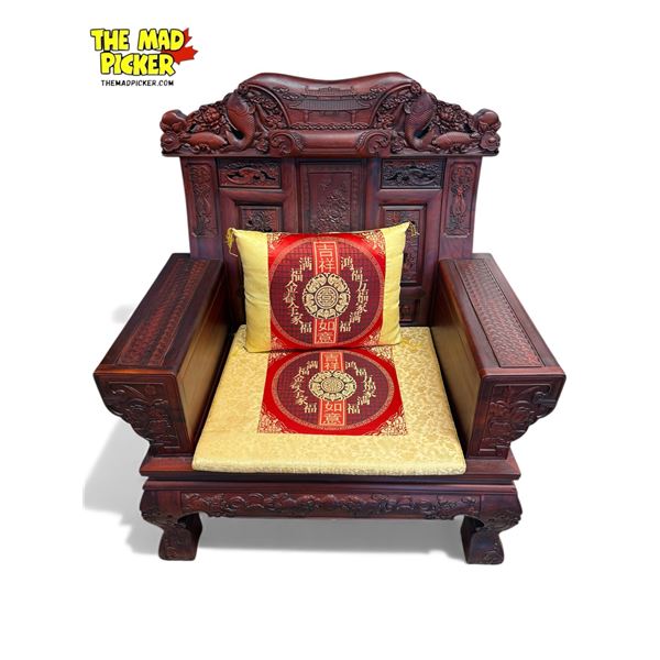 Vintage Chinese Rosewood Heavily Detail Arm Chair With Foo Dogs, Koi Fish, Floral, Butterfly, Detail