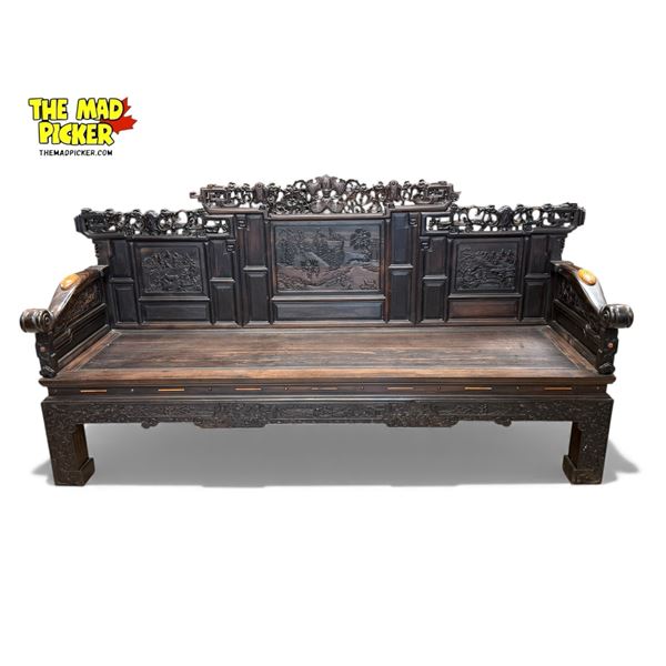Large Vintage Chinese Heavily Detailed Wooden Sofa With Mountain, Villagers, & Dragon Details