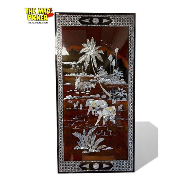Vintage Asian Abalone Inlay Wall Art Depicting Villagers At Work