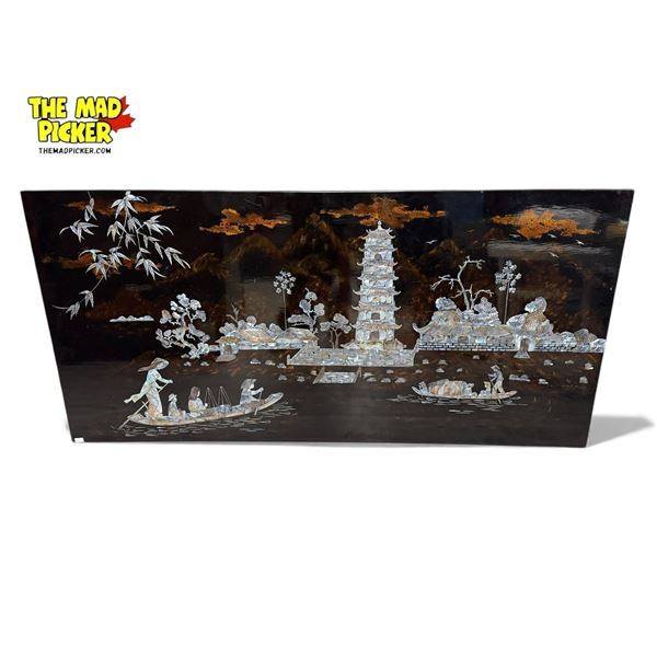 Vintage Asian Abalone Inlay Wall Art Depicting Arriving Villagers