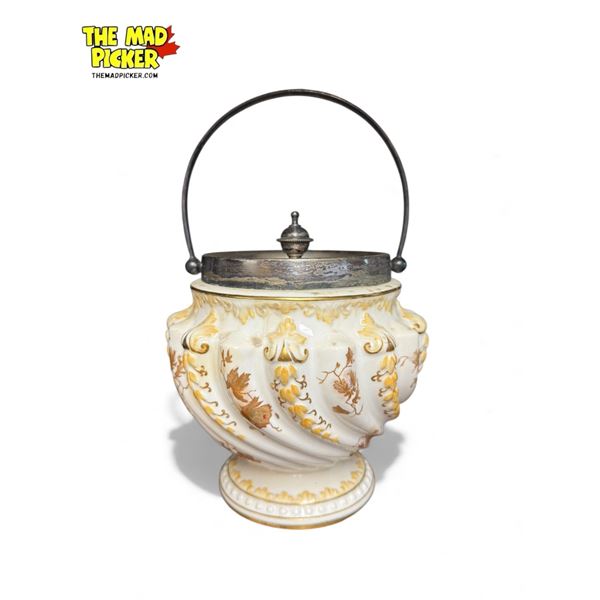 Vintage Crescent & Sons Silver Plate Lidded Porcelain Biscuit Barrel